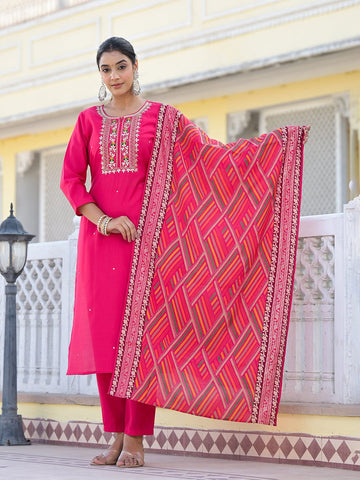 Varanga Women Round Neck Gotta Patti Embroidered Kurta Paired With Bottom And Printed Dupatta